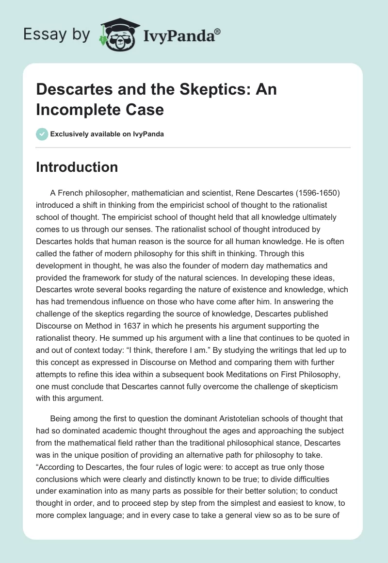 Descartes and the Skeptics: An Incomplete Case. Page 1