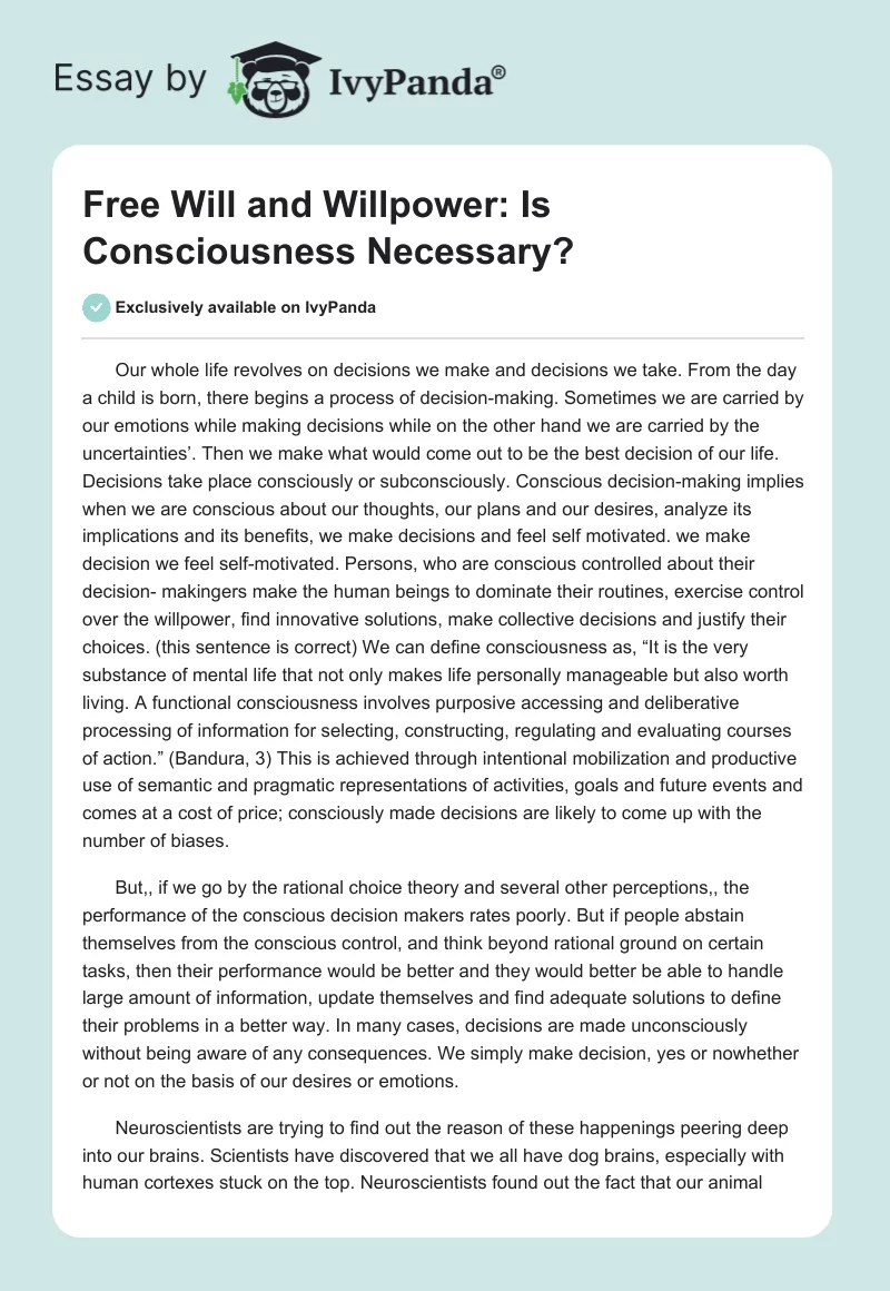 Free Will and Willpower: Is Consciousness Necessary?. Page 1