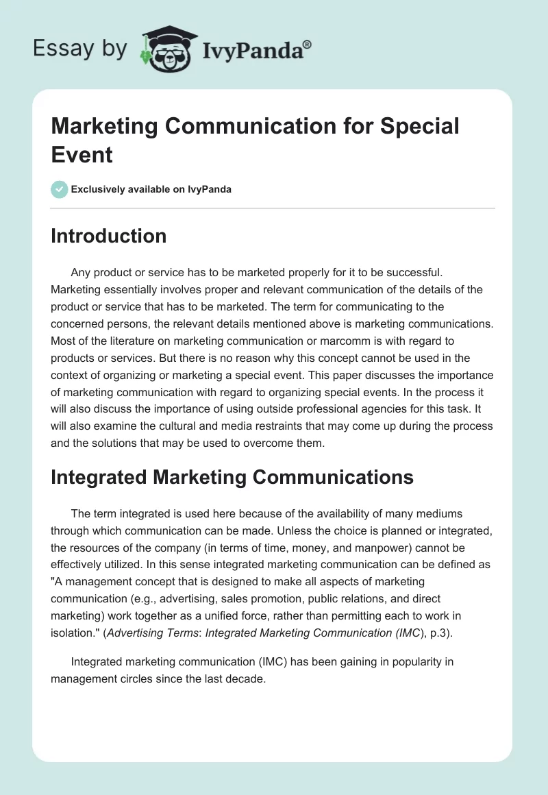 Marketing Communication for Special Event. Page 1