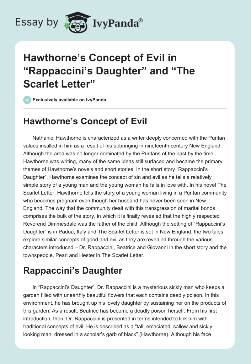 Hawthorne’s Concept of Evil in “Rappaccini’s Daughter” and “The Scarlet Letter”. Page 1