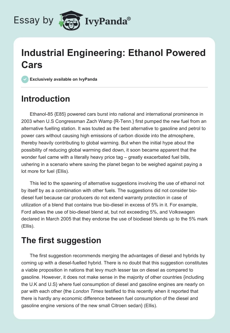 Industrial Engineering: Ethanol Powered Cars. Page 1