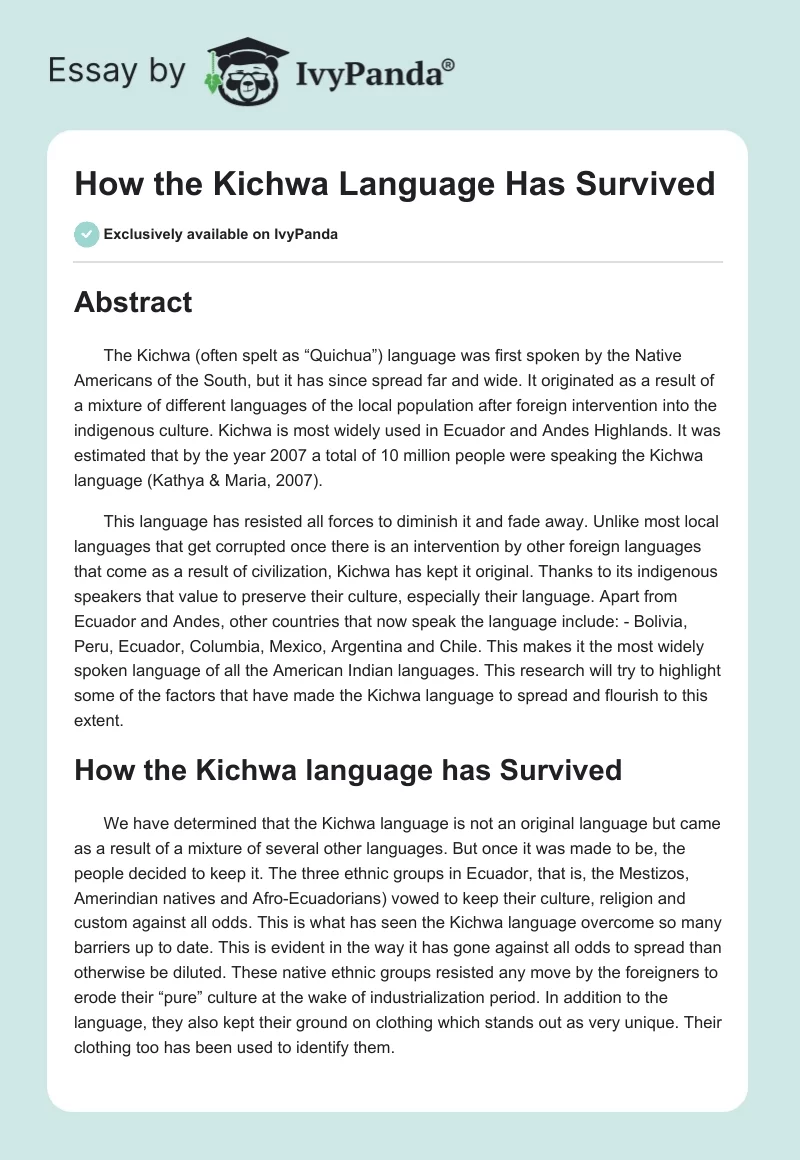 How the Kichwa Language Has Survived. Page 1
