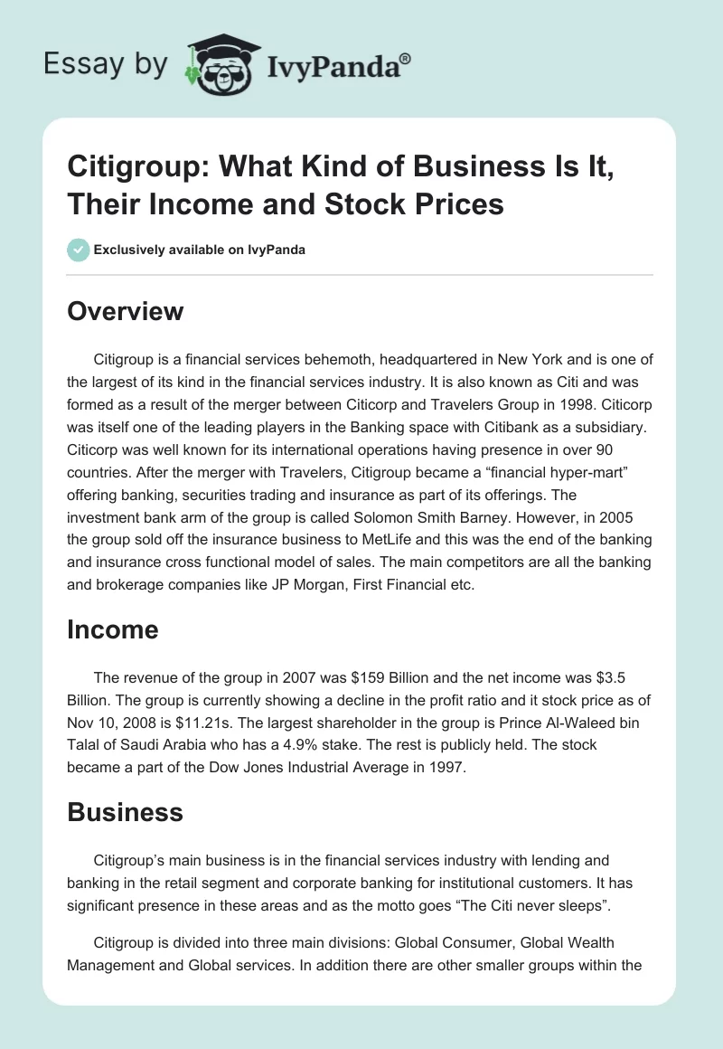 Citigroup: What Kind of Business Is It, Their Income and Stock Prices. Page 1