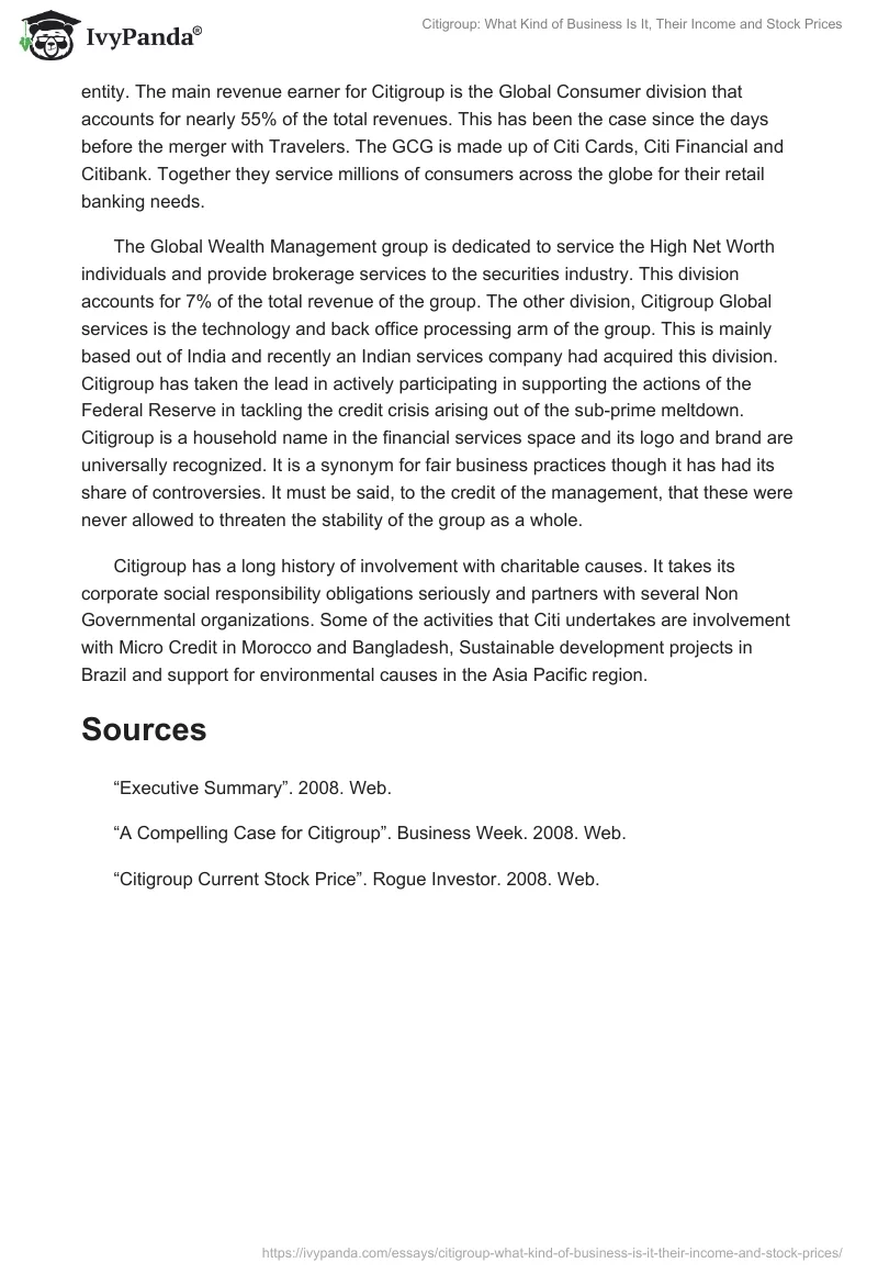 Citigroup: What Kind of Business Is It, Their Income and Stock Prices. Page 2
