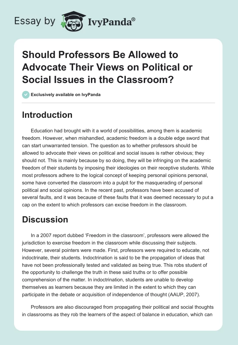 Should Professors Be Allowed to Advocate Their Views on Political or Social Issues in the Classroom?. Page 1