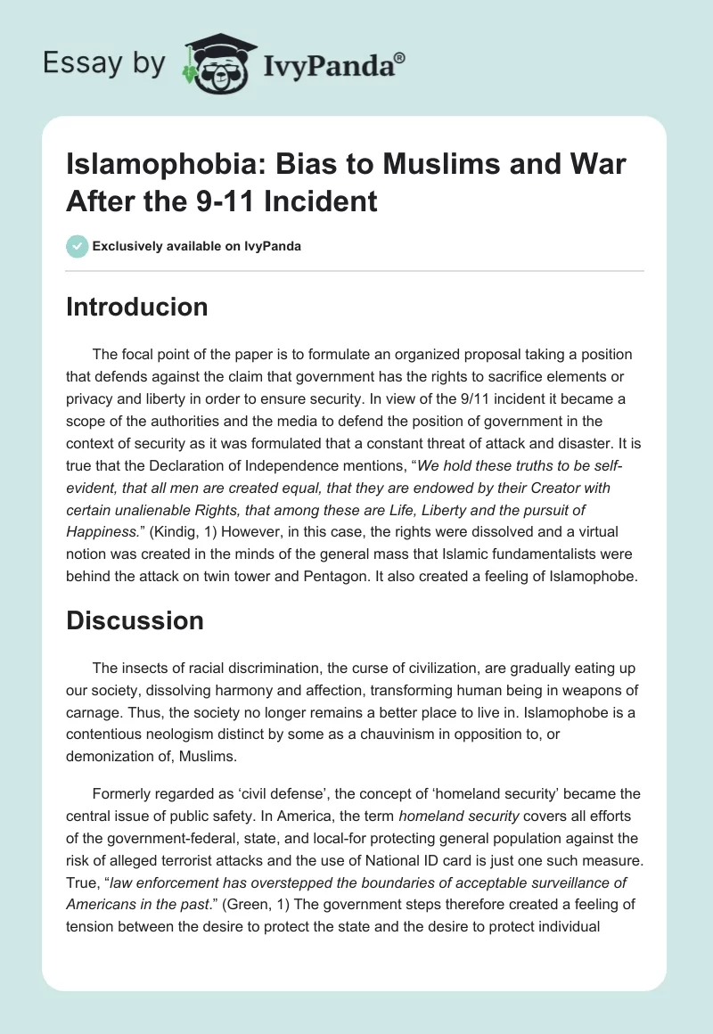 Islamophobia: Bias to Muslims and War After the 9-11 Incident. Page 1