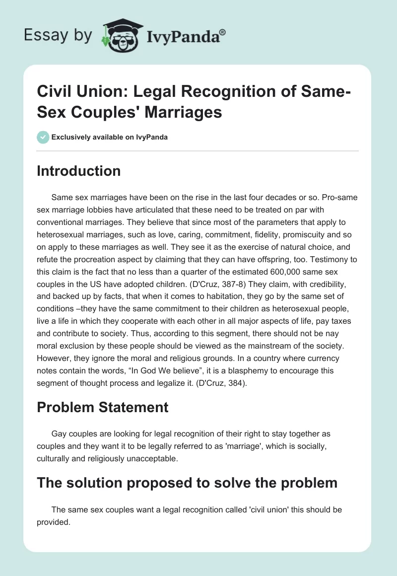 Civil Union: Legal Recognition of Same-Sex Couples' Marriages. Page 1