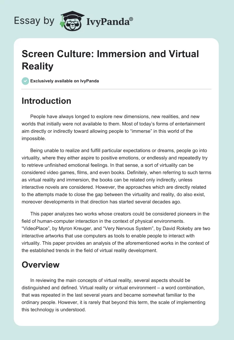 Screen Culture: Immersion and Virtual Reality. Page 1