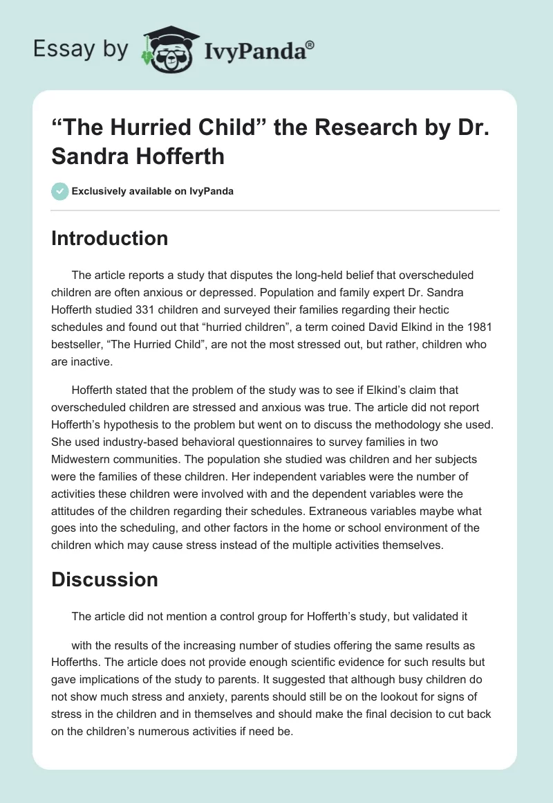 “The Hurried Child” the Research by Dr. Sandra Hofferth. Page 1