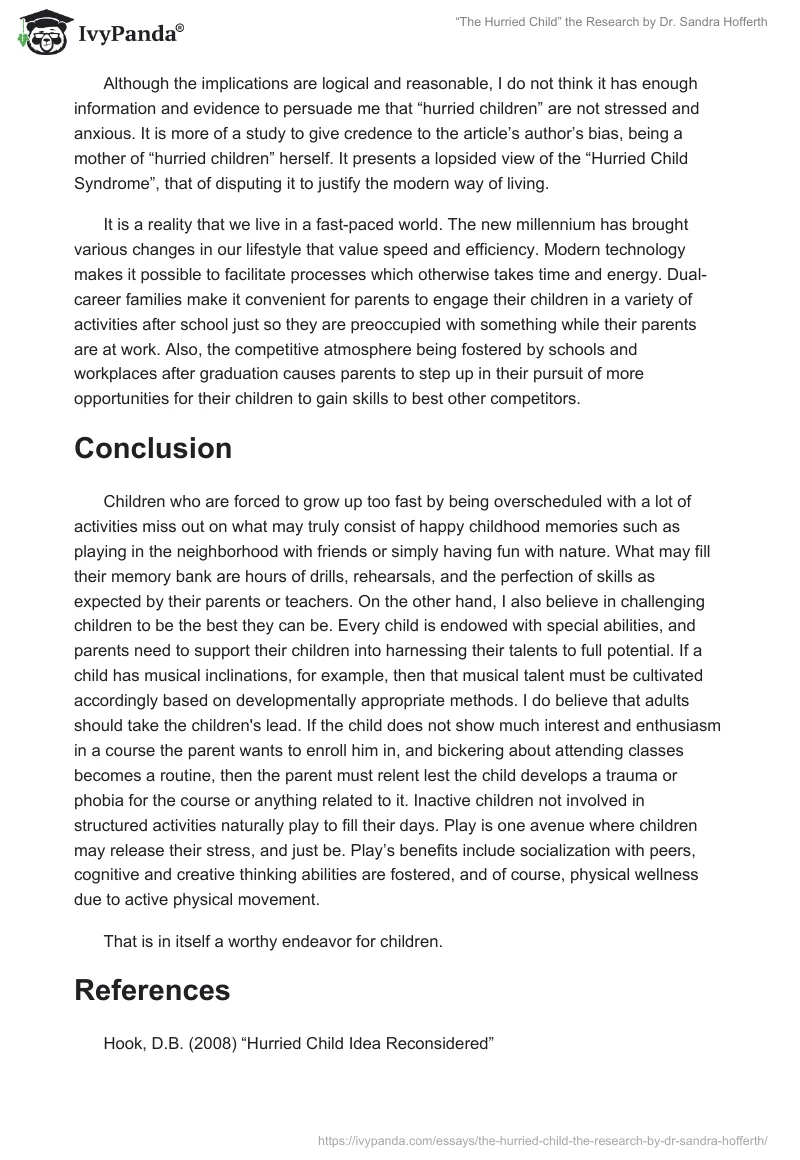 “The Hurried Child” the Research by Dr. Sandra Hofferth. Page 2