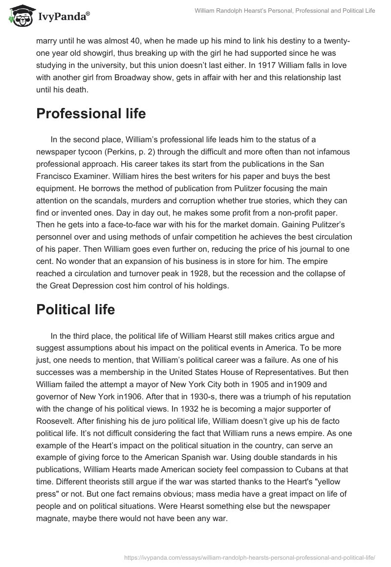 William Randolph Hearst’s Personal, Professional and Political Life. Page 2
