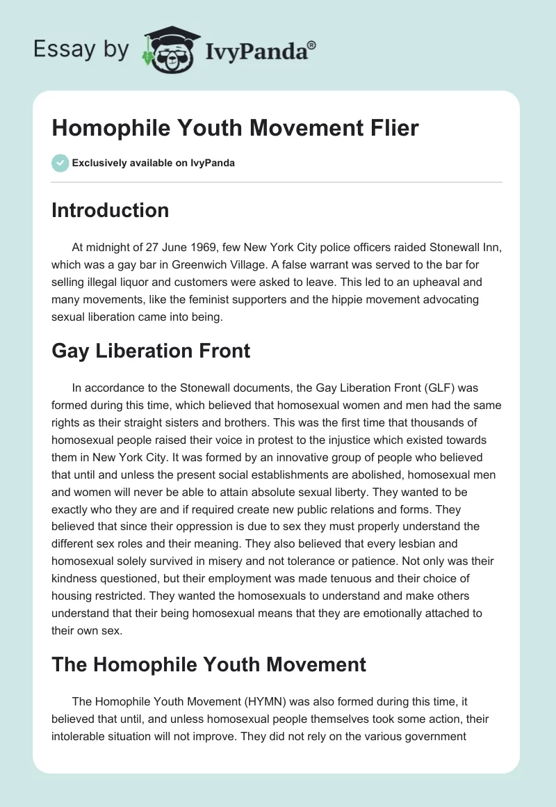 Homophile Youth Movement Flier. Page 1