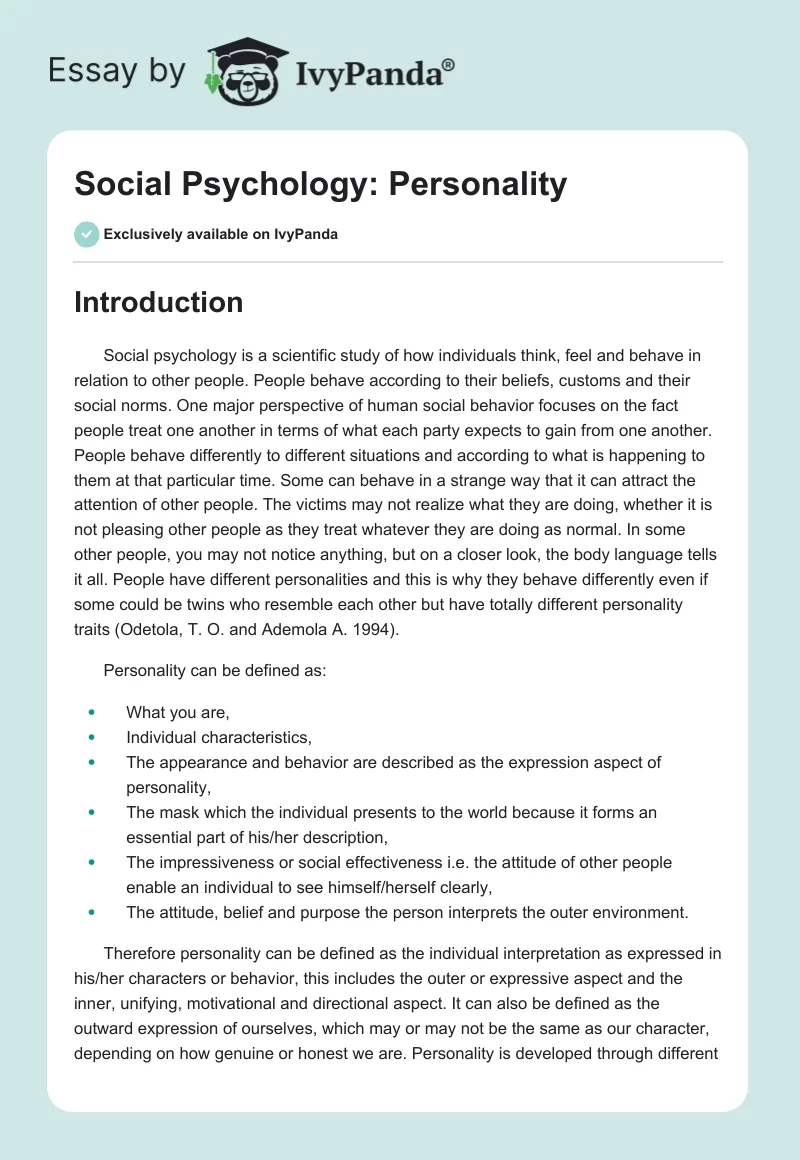 Social Psychology: Personality. Page 1