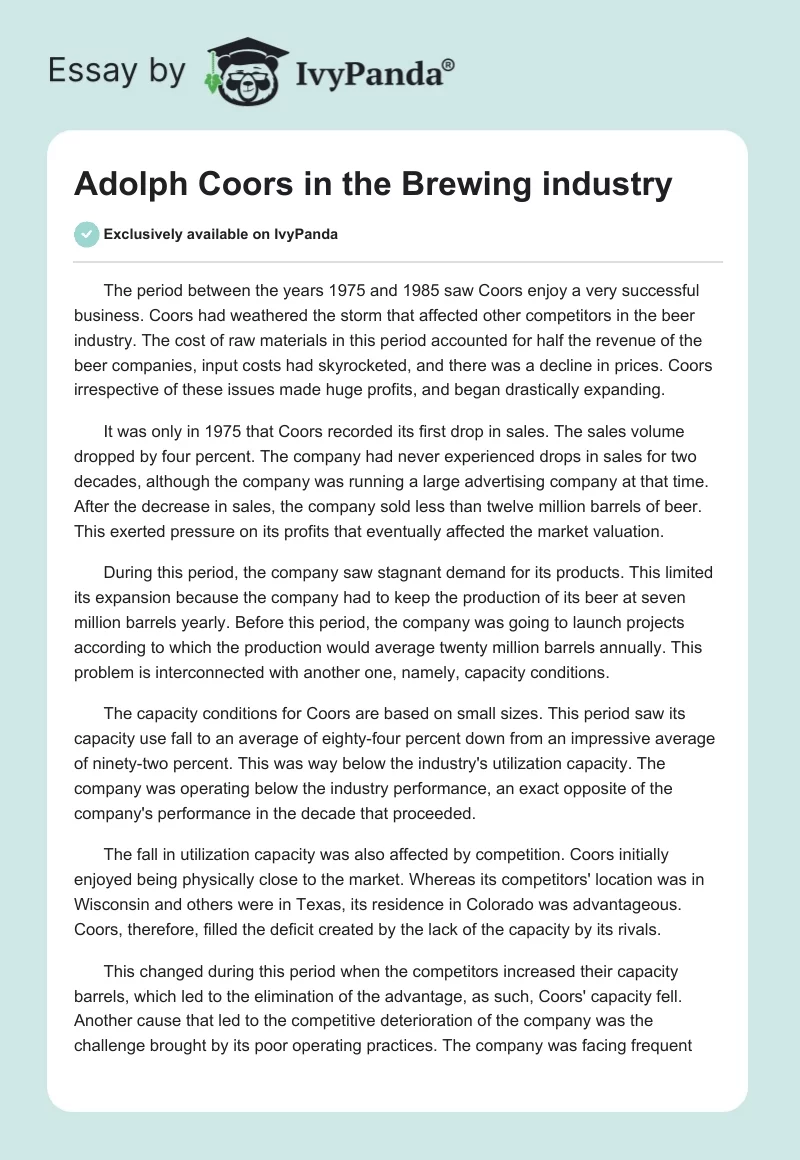 Adolph Coors in the Brewing industry. Page 1