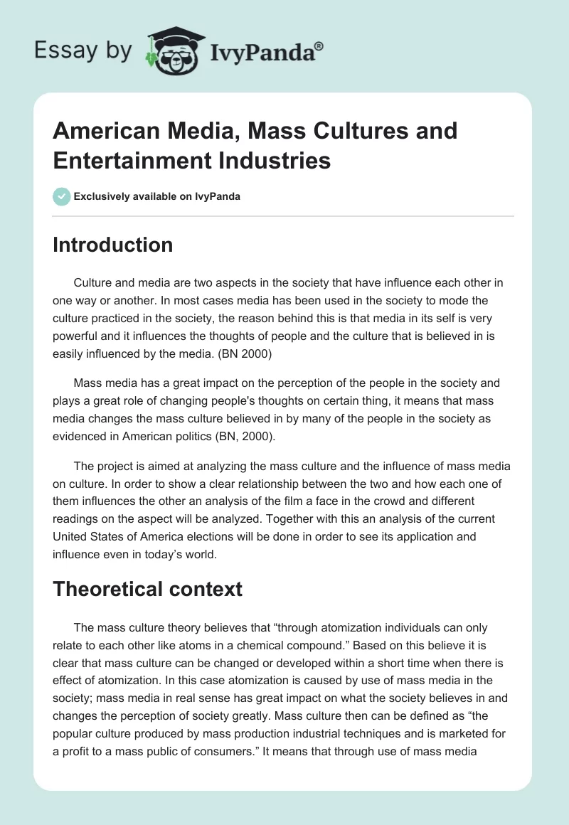 American Media, Mass Cultures and Entertainment Industries. Page 1