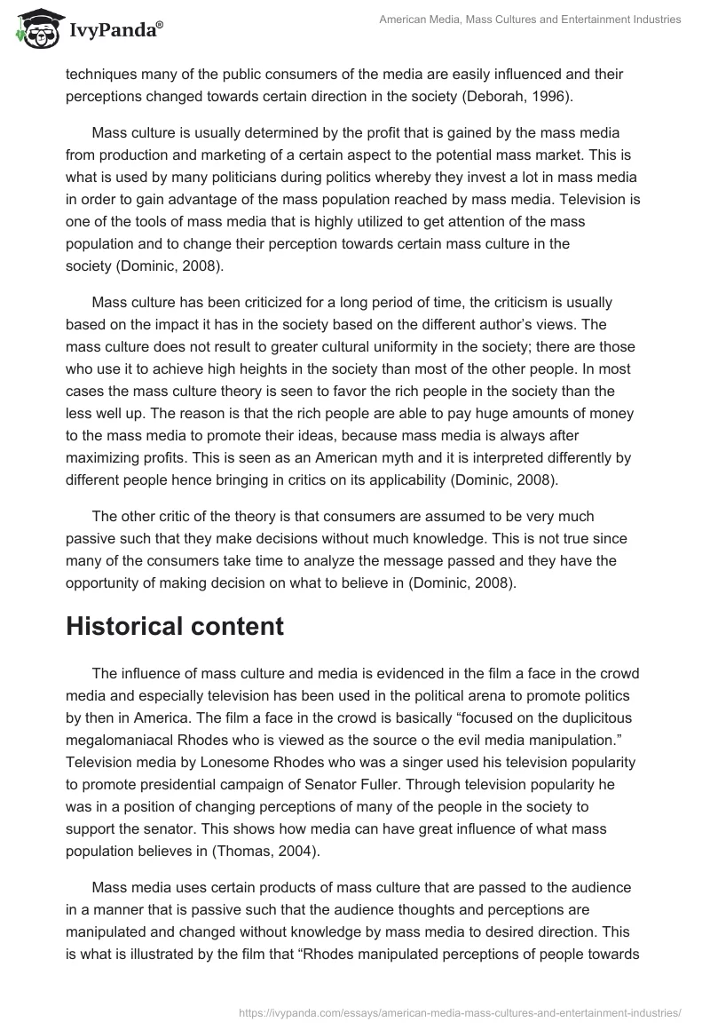 American Media, Mass Cultures and Entertainment Industries. Page 2