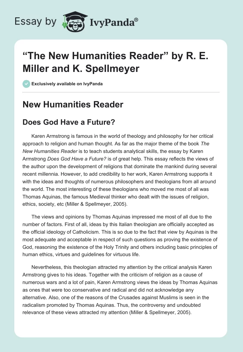 “The New Humanities Reader” by R. E. Miller and K. Spellmeyer. Page 1