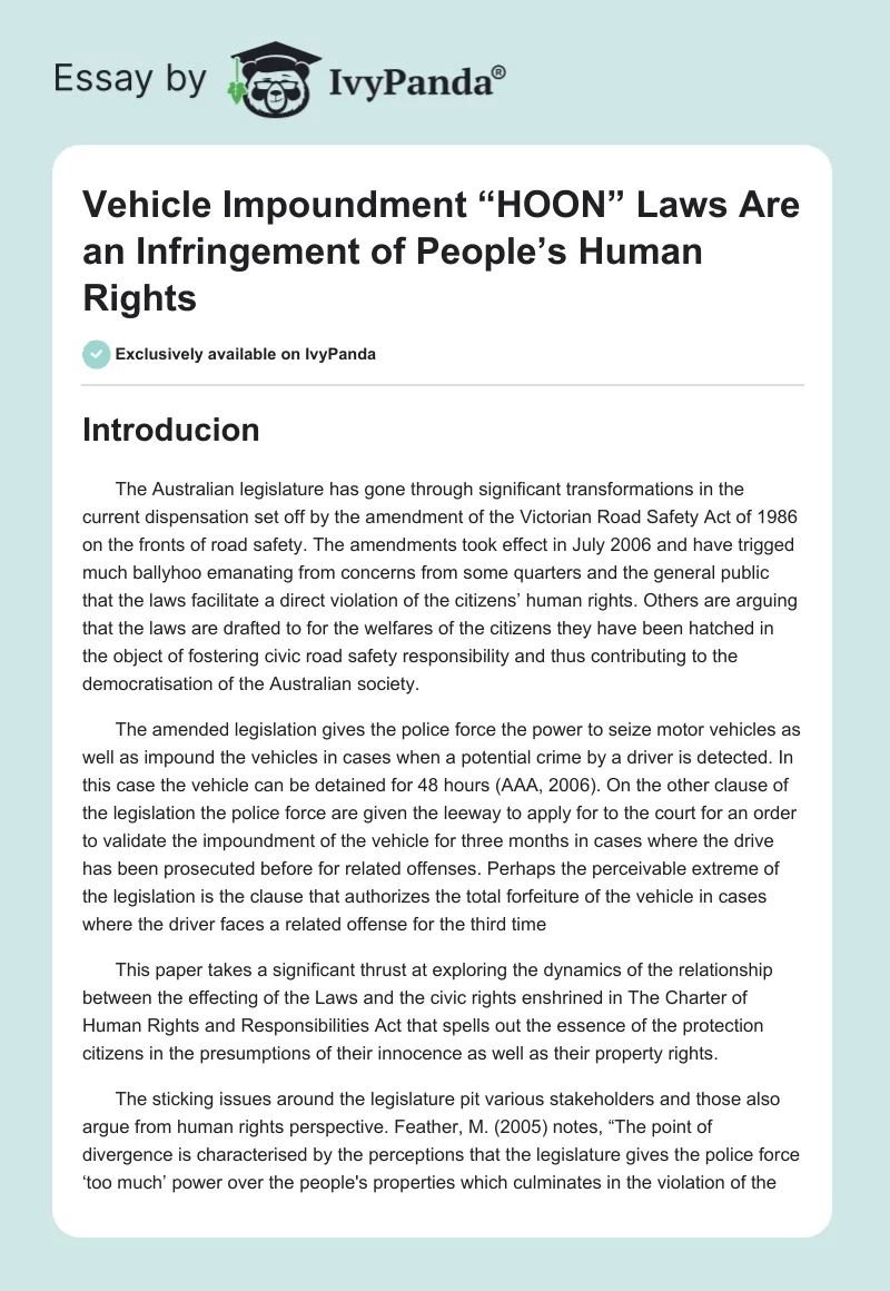 Vehicle Impoundment “HOON” Laws Are an Infringement of People’s Human Rights. Page 1