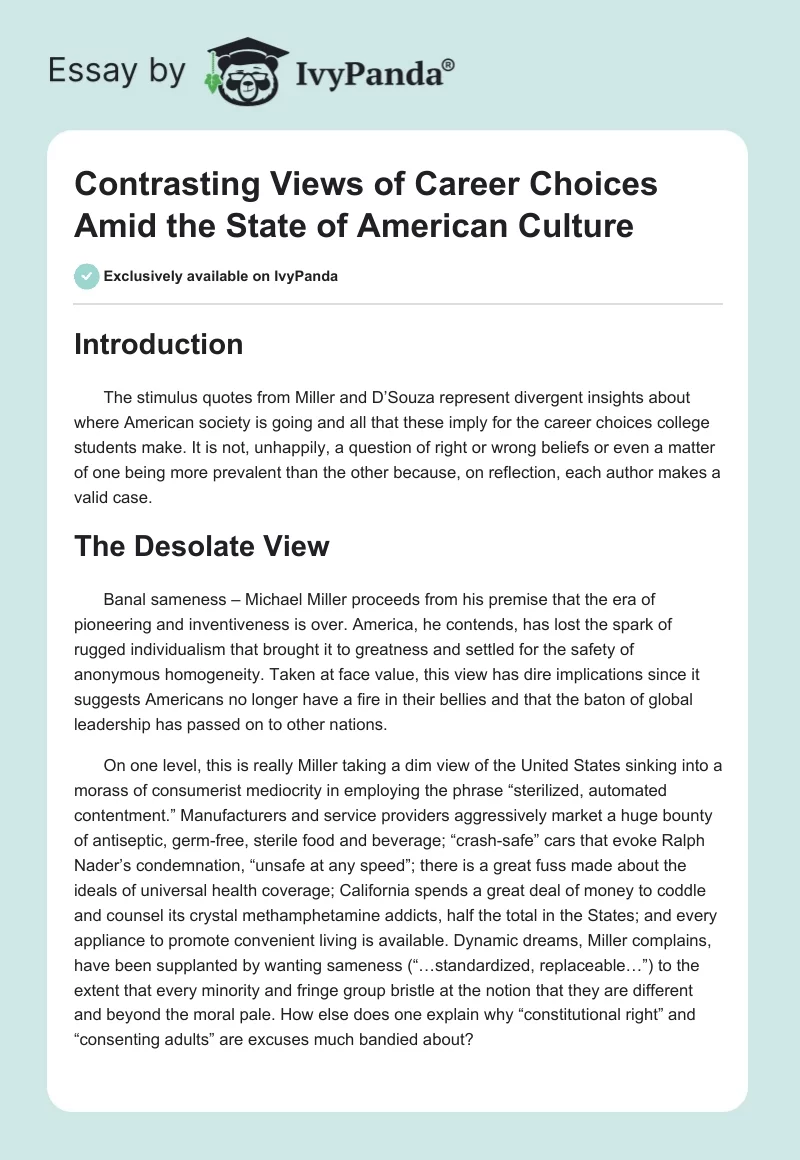 Contrasting Views of Career Choices Amid the State of American Culture. Page 1