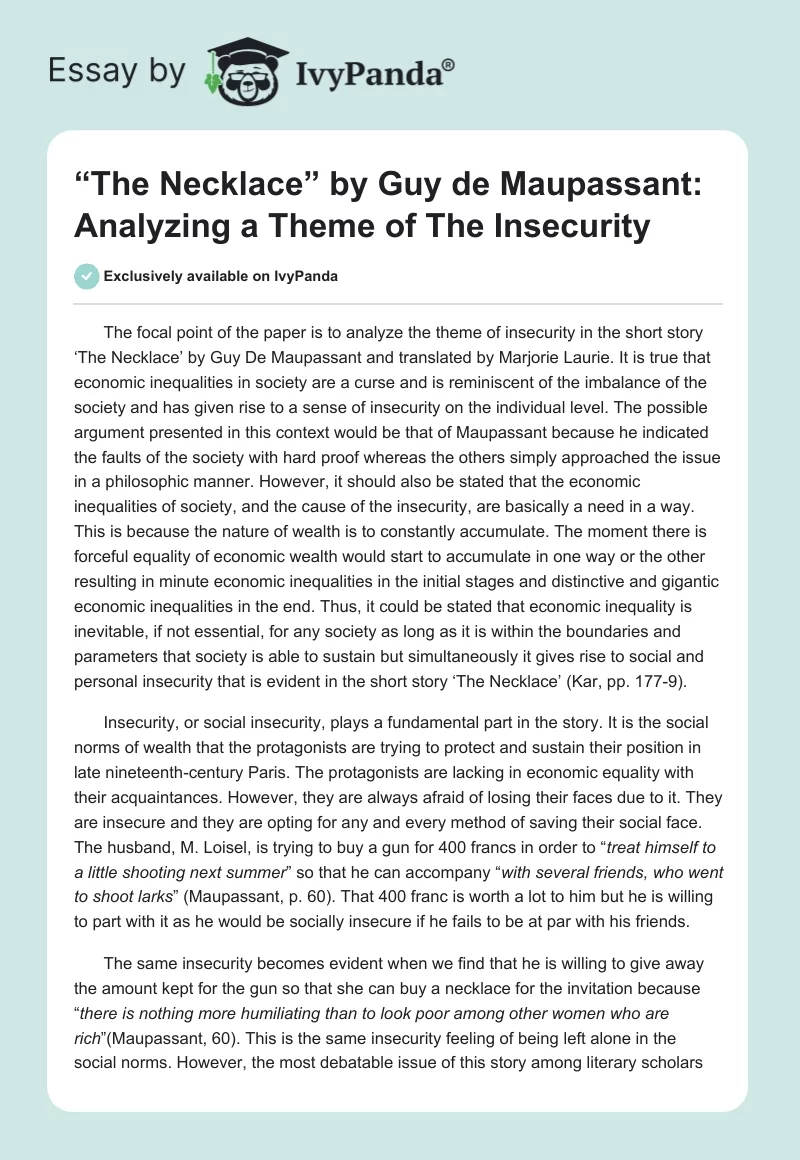 “The Necklace” by Guy de Maupassant: Analyzing a Theme of the Insecurity. Page 1