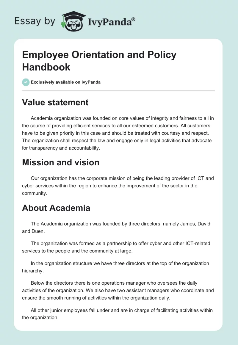 Employee Orientation and Policy Handbook. Page 1