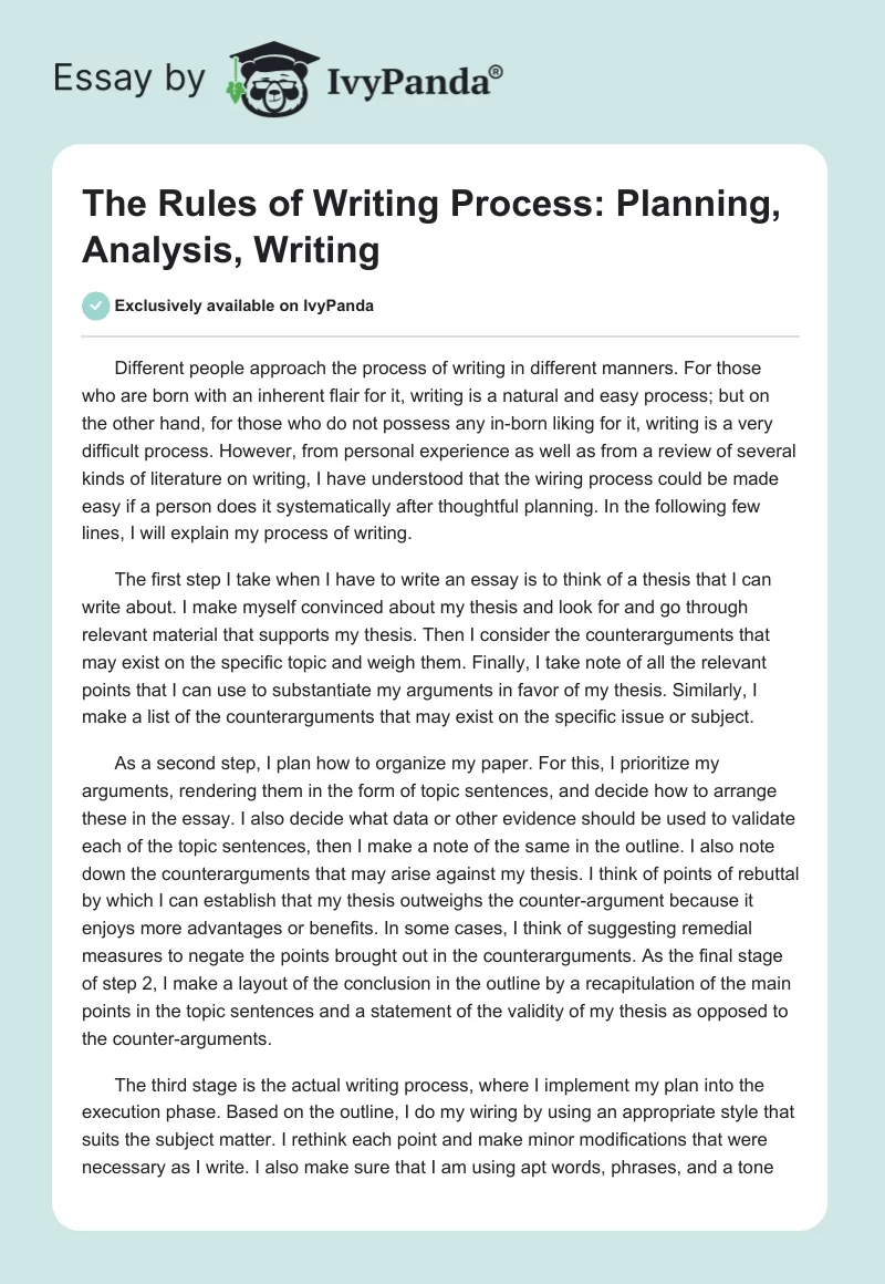 The Rules of Writing Process: Planning, Analysis, Writing. Page 1