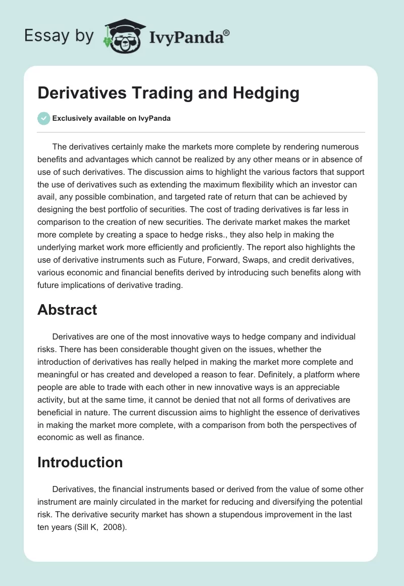 Derivatives Trading and Hedging. Page 1