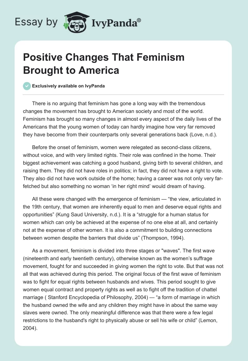 Positive Changes That Feminism Brought to America. Page 1