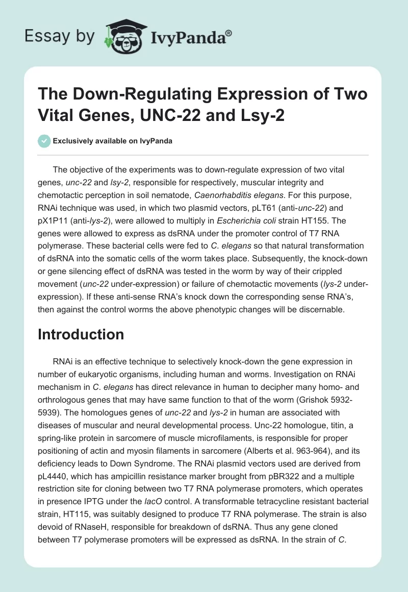 The Down-Regulating Expression of Two Vital Genes, UNC-22 and Lsy-2. Page 1