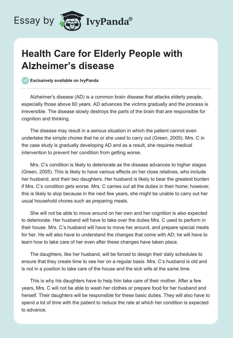 Health Care for Elderly People With Alzheimer’s Disease. Page 1