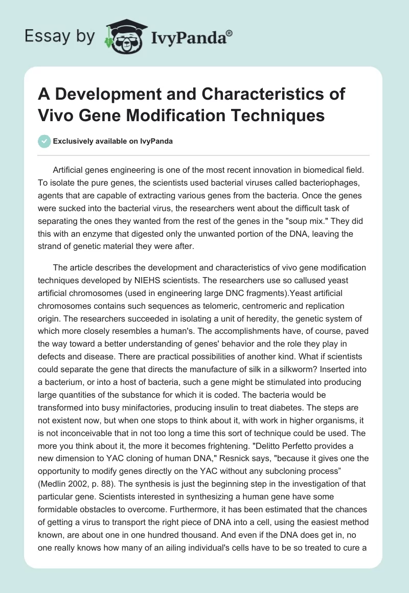 A Development and Characteristics of Vivo Gene Modification Techniques. Page 1