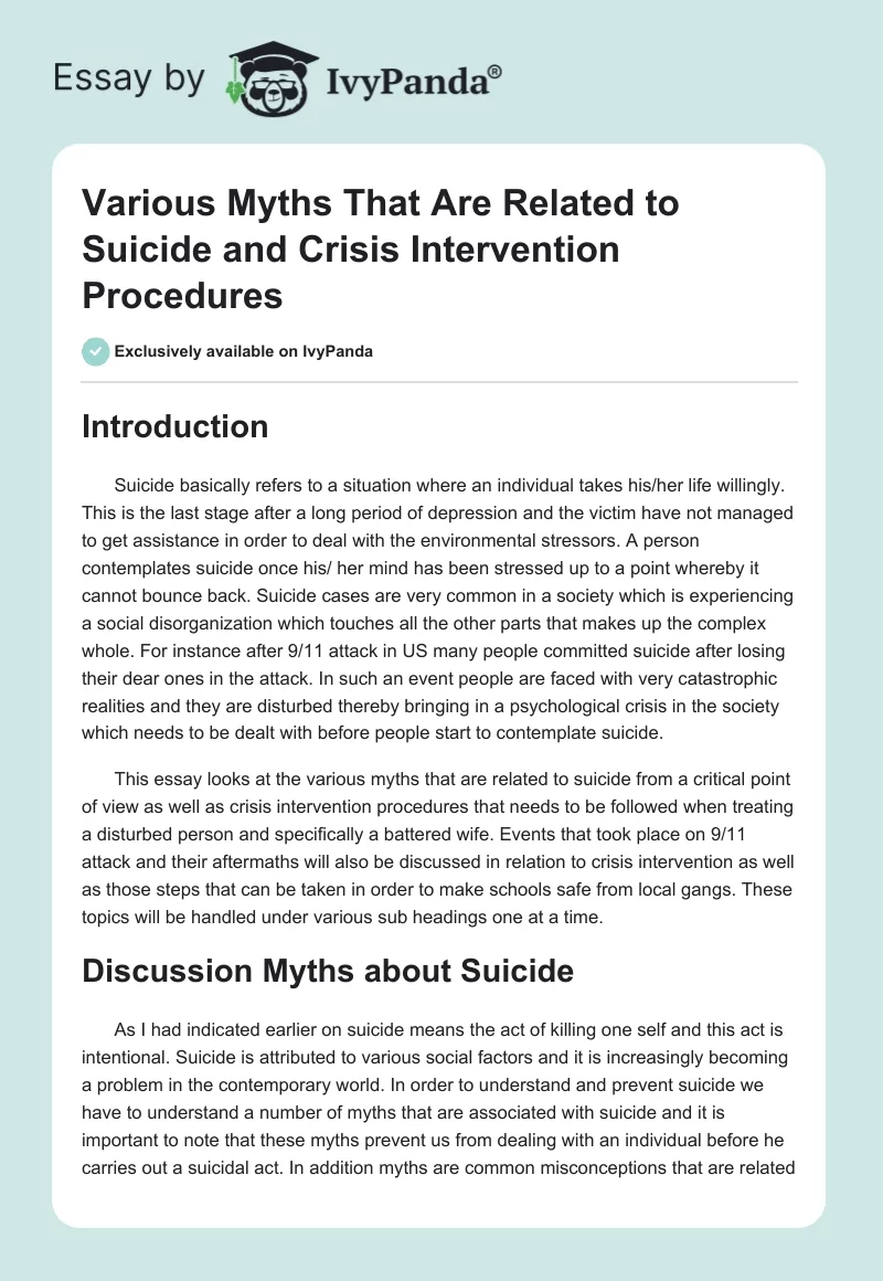 Various Myths That Are Related to Suicide and Crisis Intervention Procedures. Page 1