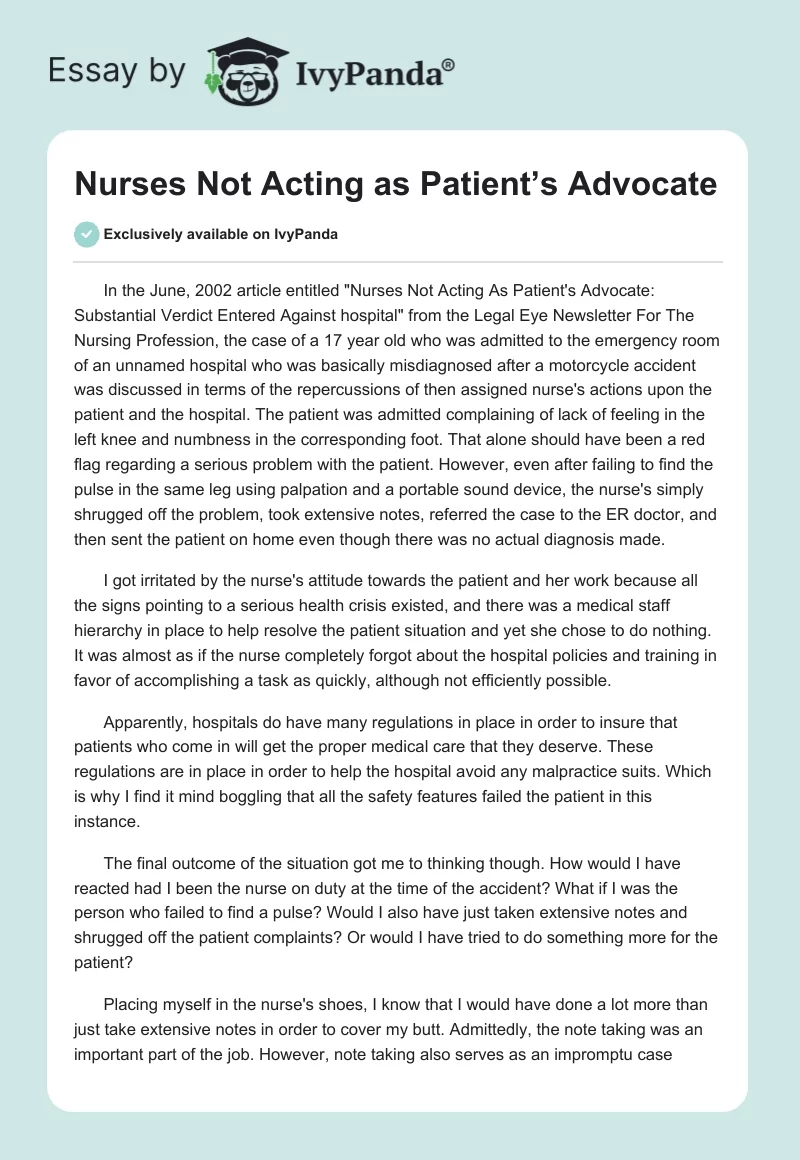 Nurses Not Acting as Patient’s Advocate. Page 1