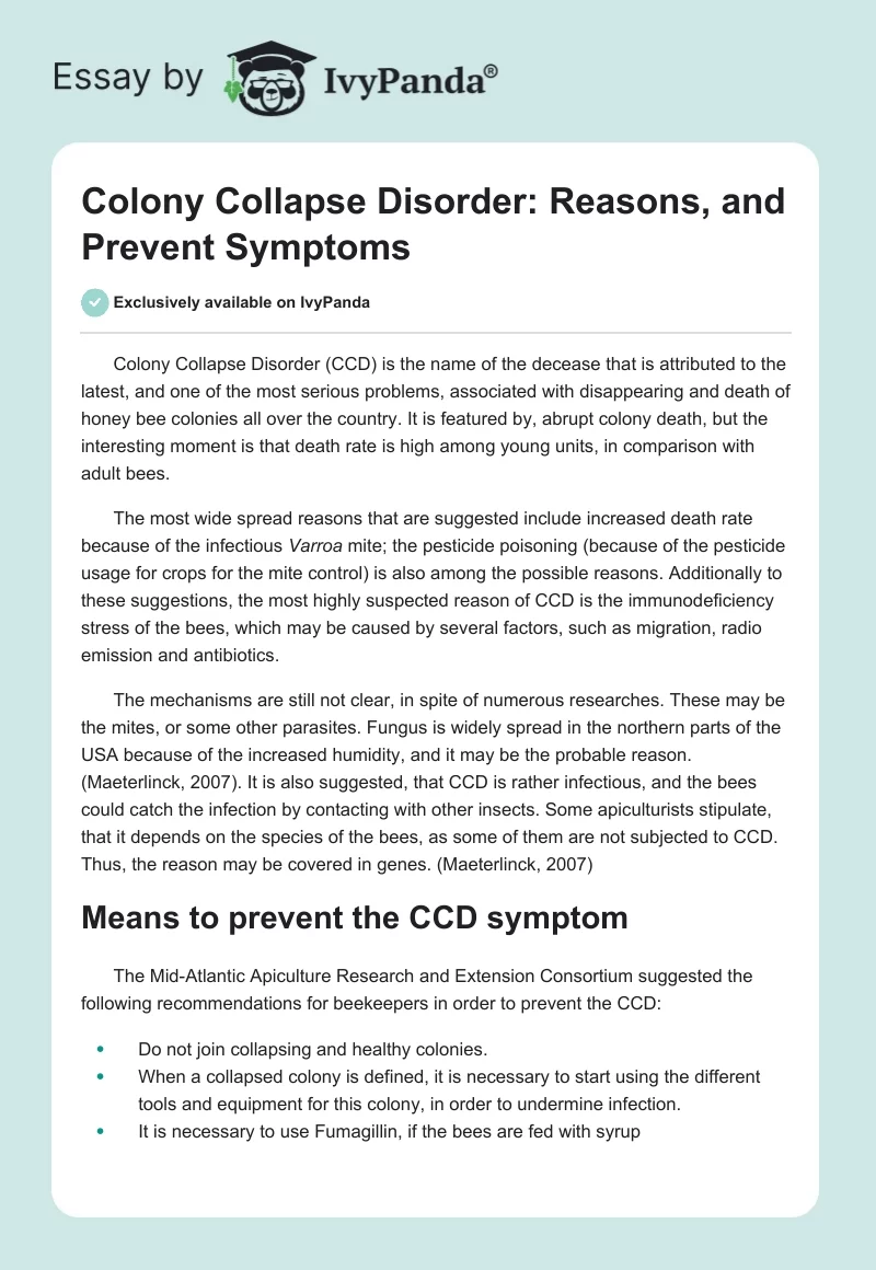 Colony Collapse Disorder: Reasons, and Prevent Symptoms. Page 1