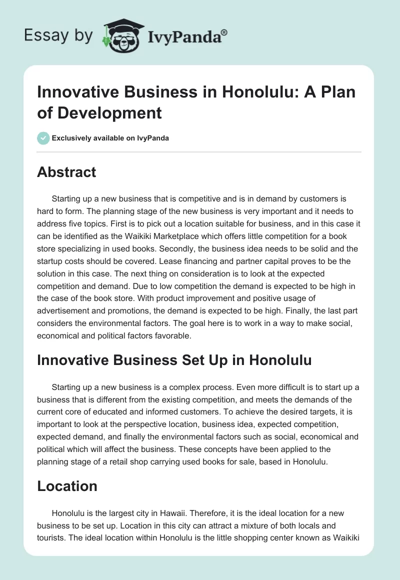 Innovative Business in Honolulu: A Plan of Development. Page 1