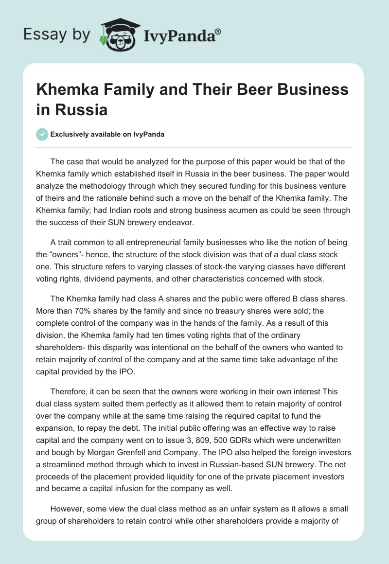 Khemka Family and Their Beer Business in Russia. Page 1