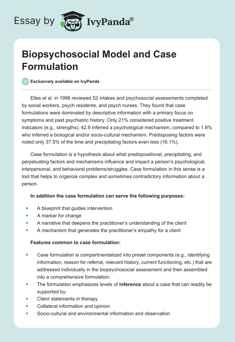 Biopsychosocial Model and Case Formulation. Page 1