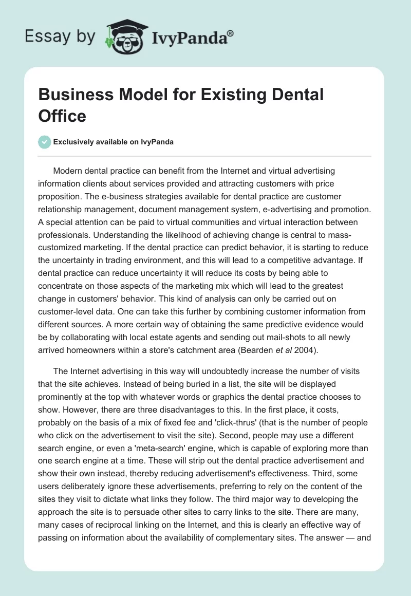 Business Model for Existing Dental Office. Page 1