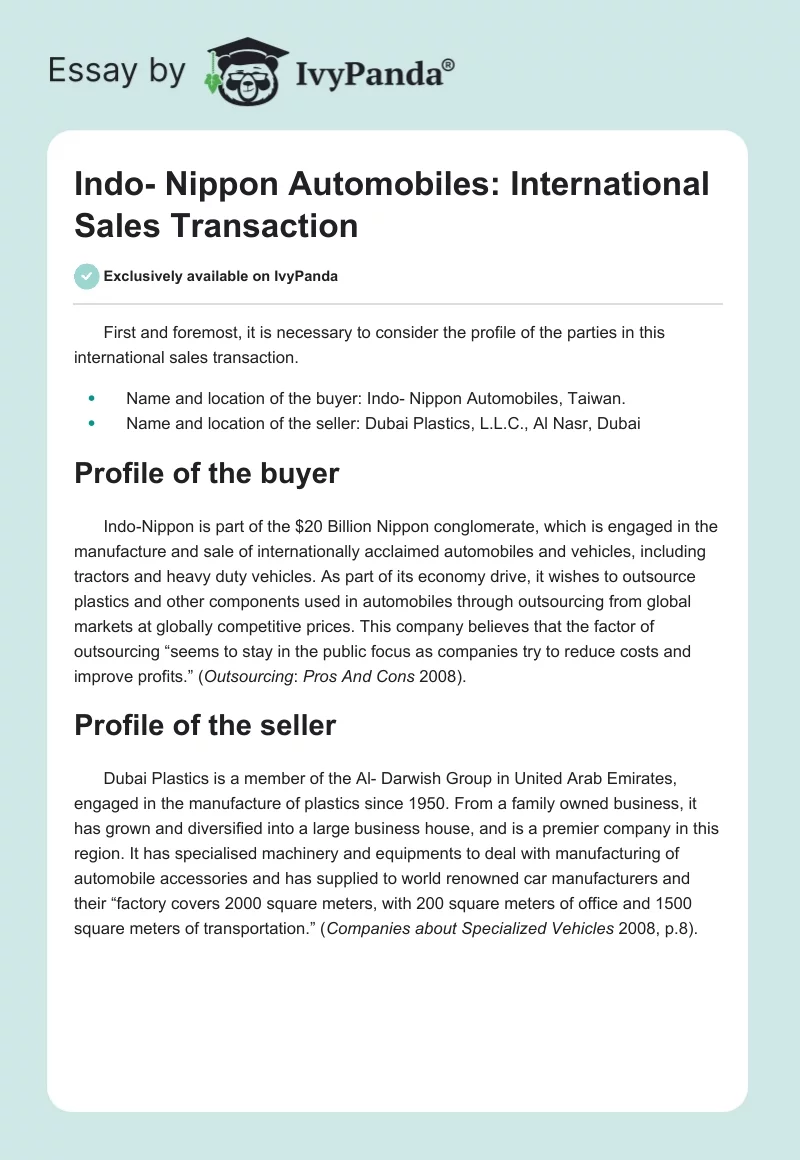 Indo- Nippon Automobiles: International Sales Transaction. Page 1