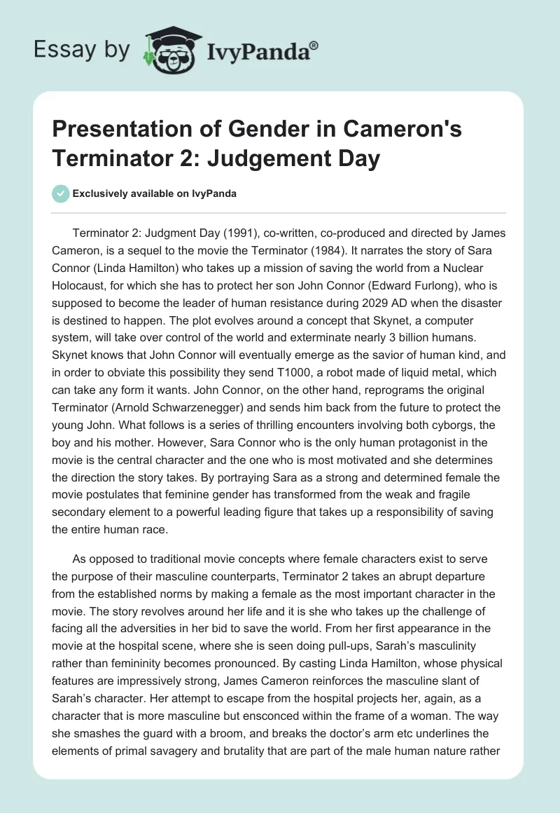 Presentation of Gender in Cameron's "Terminator 2: Judgement Day". Page 1