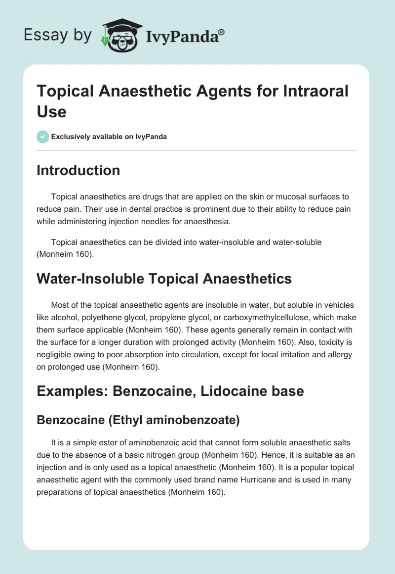 Topical Anaesthetic Agents for Intraoral Use. Page 1