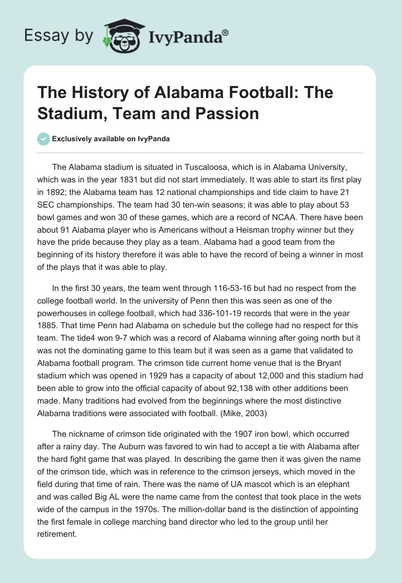 The History of Alabama Football: The Stadium, Team and Passion. Page 1