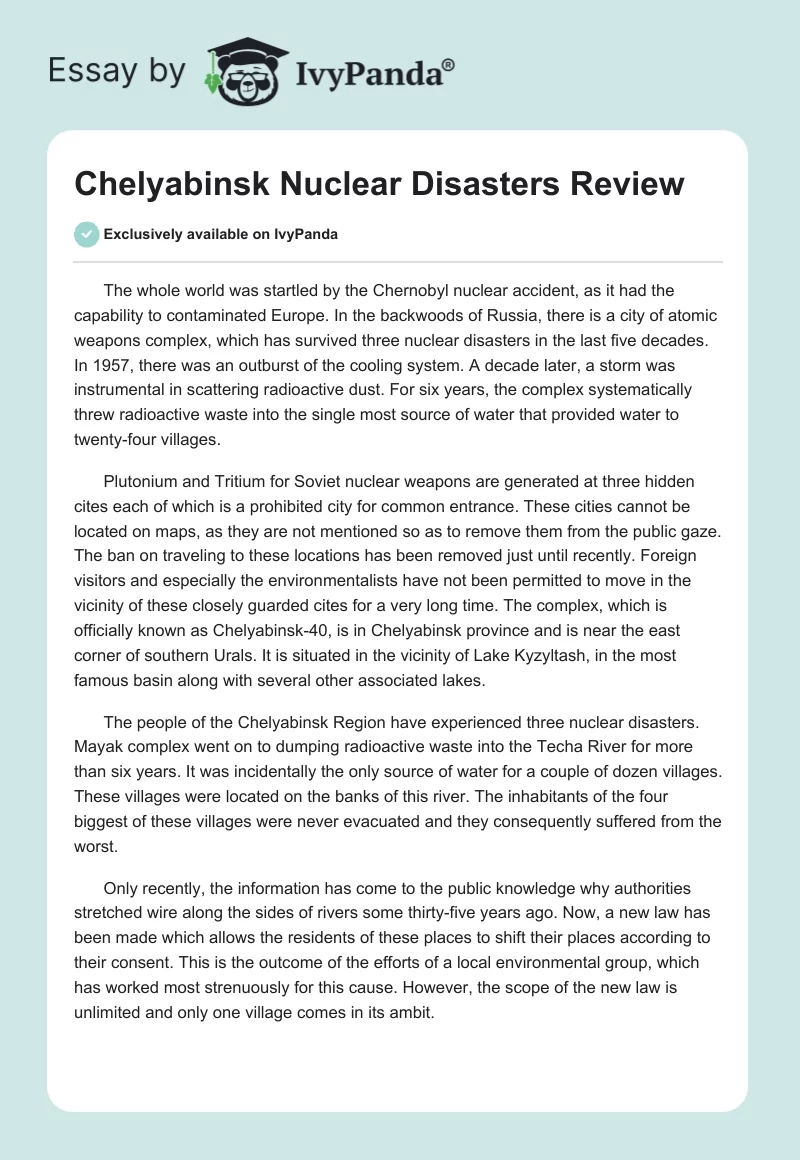 Chelyabinsk Nuclear Disasters Review. Page 1