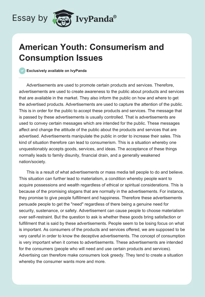 American Youth: Consumerism and Consumption Issues. Page 1