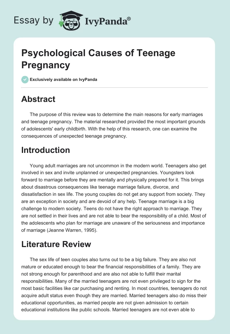 Psychological Causes of Teenage Pregnancy. Page 1
