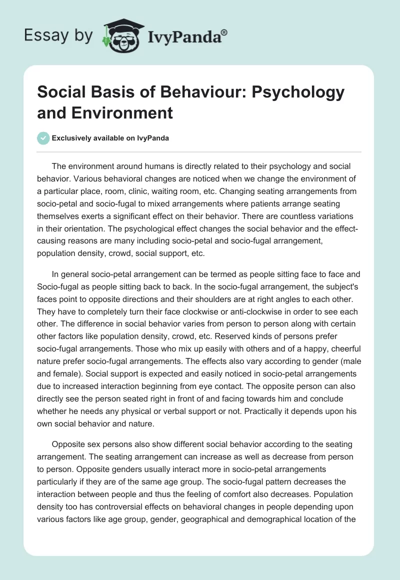Social Basis of Behaviour: Psychology and Environment. Page 1