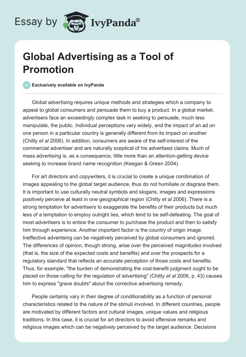 Global Advertising as a Tool of Promotion. Page 1
