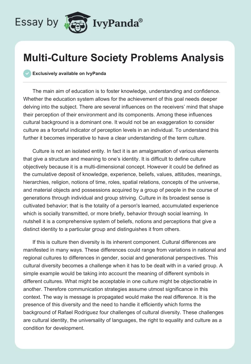 Multi-Culture Society Problems Analysis. Page 1