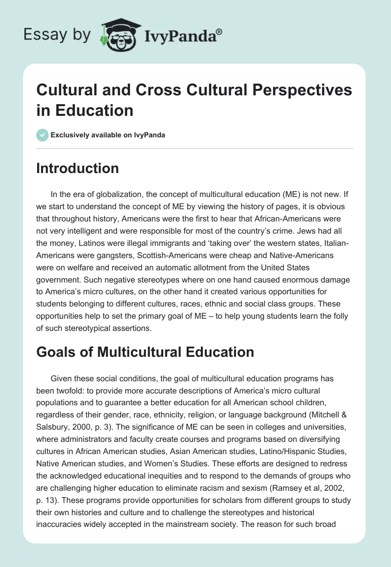 Cultural and Cross Cultural Perspectives in Education. Page 1