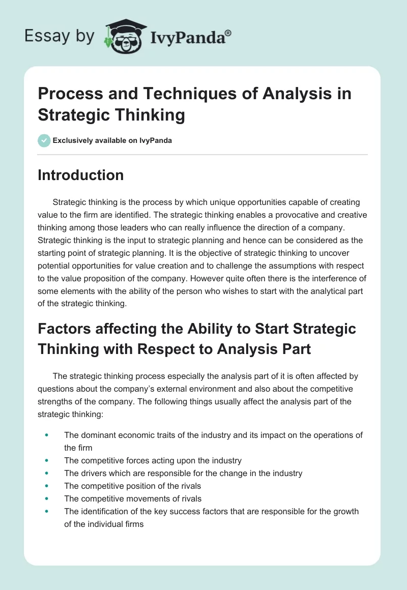 Process and Techniques of Analysis in Strategic Thinking. Page 1